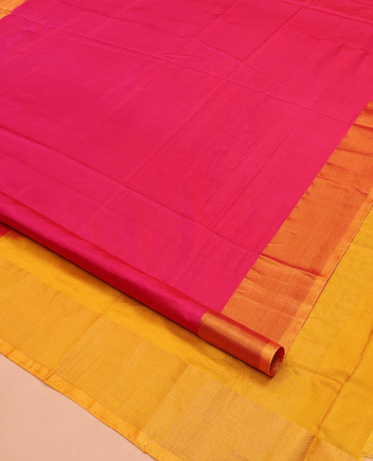 Pink Plain Uppada Silk Saree, Complemented by a Contrast Plain Border, Pallu Steeped with Zari Stripes, and Paired with a Contrast Blouse