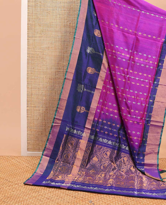 Purple floral design uppda saree with contrast floral, animal design border & intricate zari design pallu