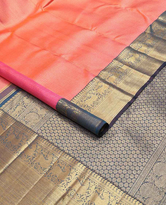 Pink geometric design silk saree with contrast border of manga, muthu, banaras, kuyil kann design & floral pallu