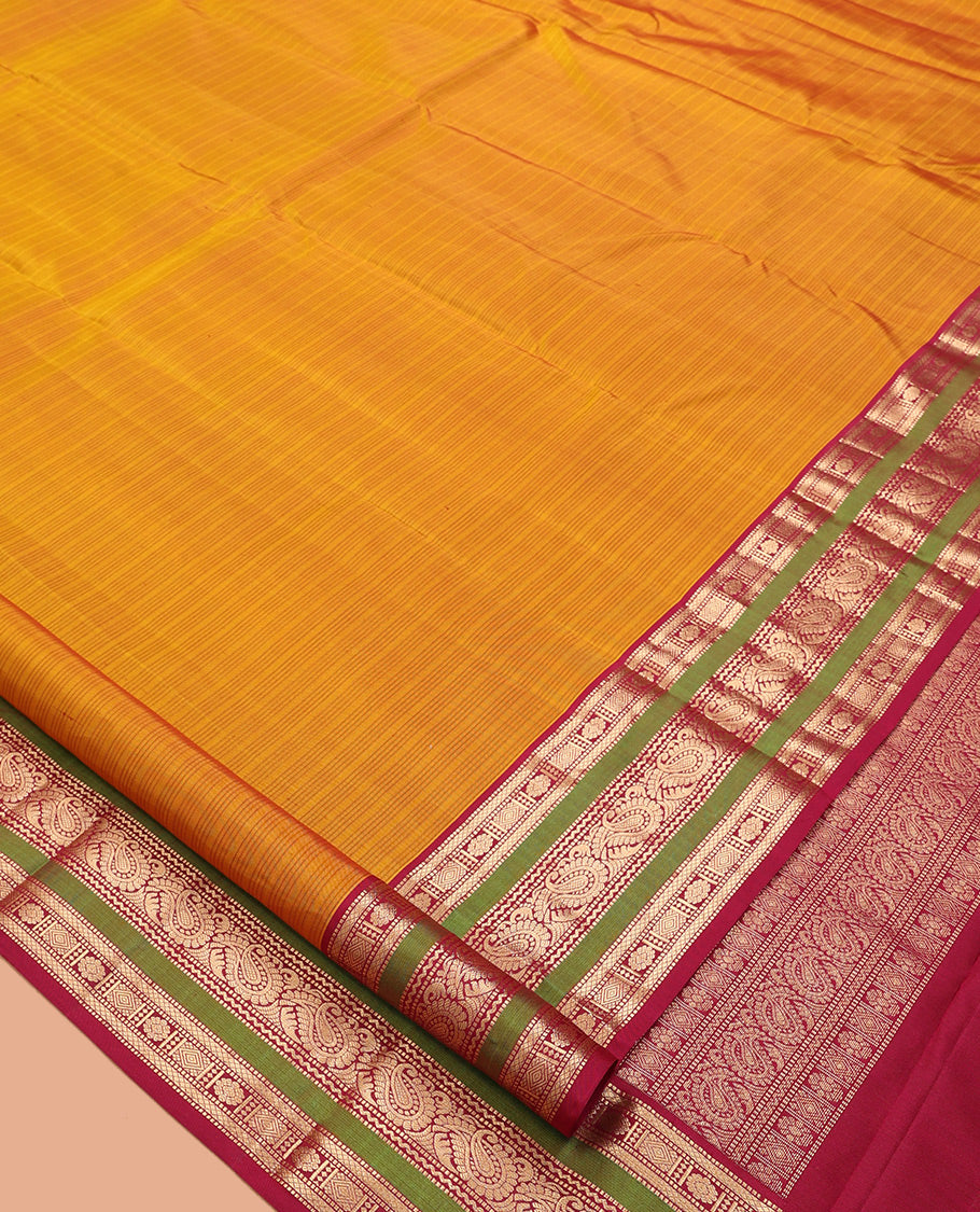 Mustard Striped Vasundhara Silk Saree, Contrast Traditional Border, Jaal Pallu, and Contrast Blouse