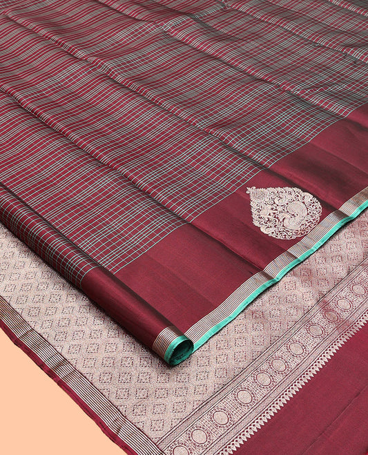 Maroon Checked Kanchipuram Silk Saree, a Self-Border of Unique Motifs, Grand Jaal Pallu, and a Matching Blouse