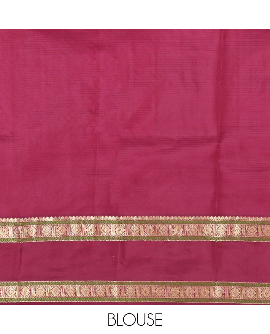 Mustard Striped Kanchipuram Silk Saree, a Contrast Rettai Pettu Border of Thilakam, Rudraksham, and Zari Designs, Intricate Pallu, and a Contrast Blouse