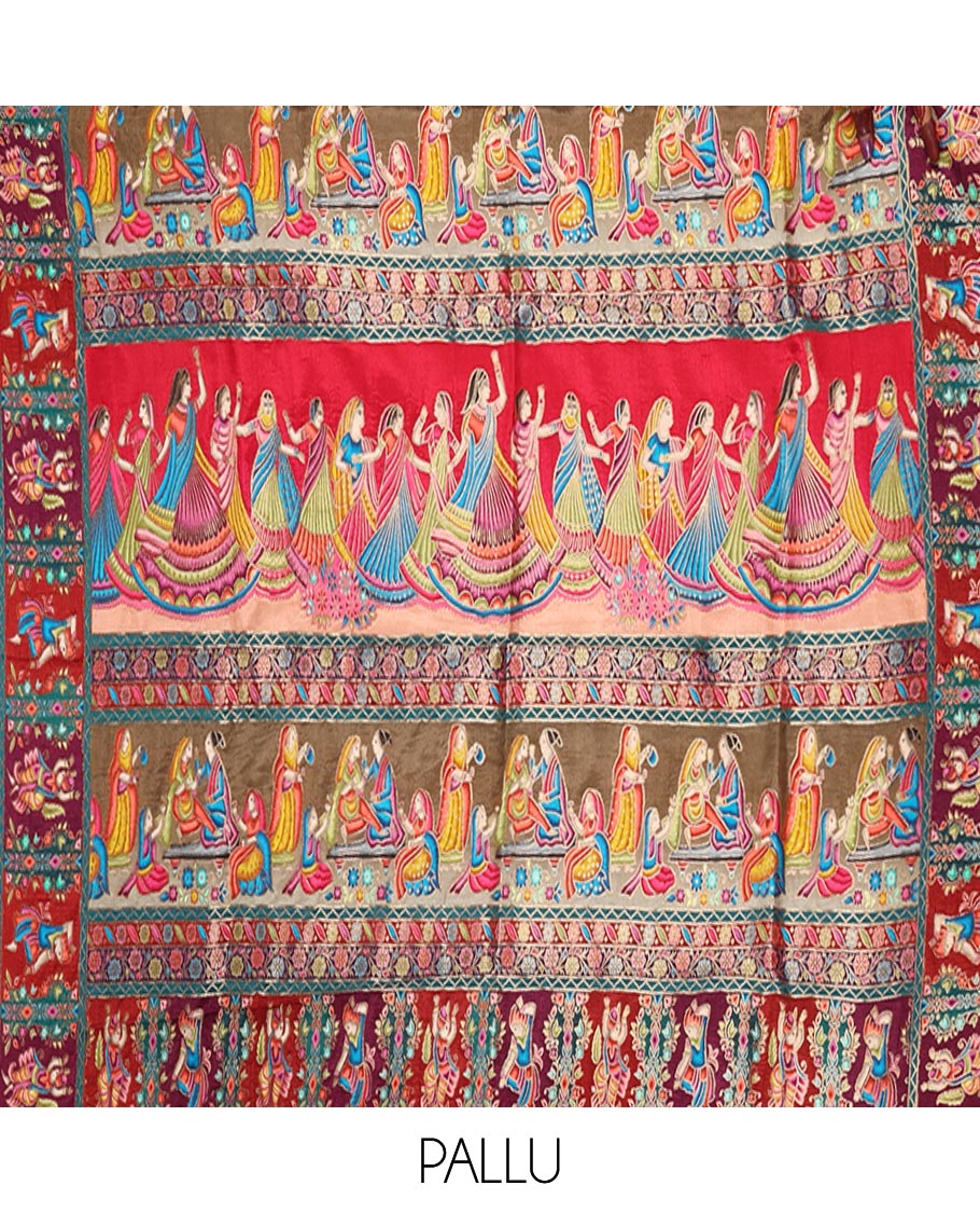 White Dola Silk Saree, Creatively Printed with Human Figurines on Its Body, Complemented by a Contrast Human Figurines Border, Pallu Depicts Colorful Human Figurines, and Paired with a Matching Blouse