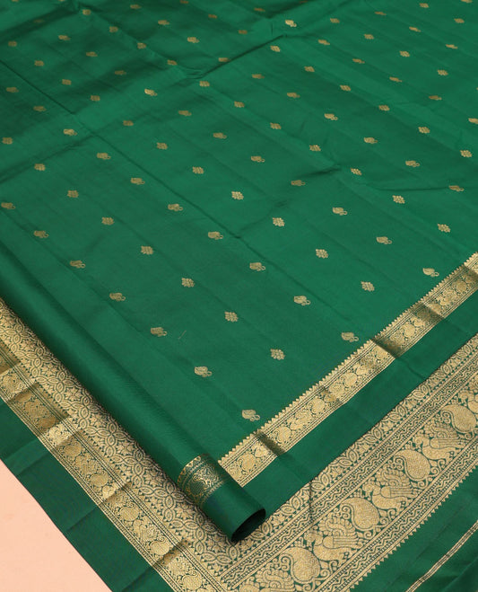 Green Vasundhara Silk Saree, Woven with Zari Buttas, a Kal Eragina Border of Rekku, Neli, Manga, and Mayil Design, Grand Pallu, and a Matching Blouse