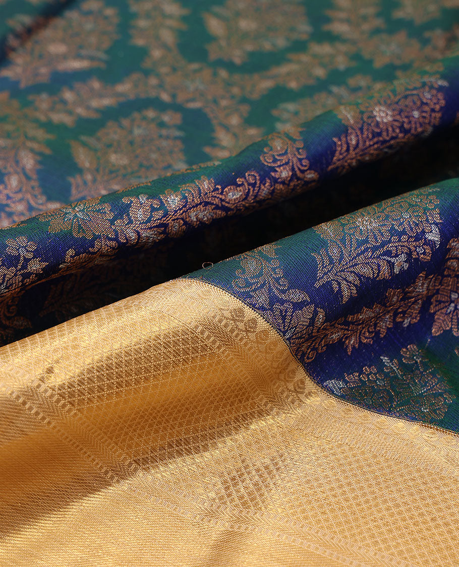 Blue jacquard silk saree, contrast border of thilakam mokku,muthu,kathir & kuyil kann design & jaal pallu