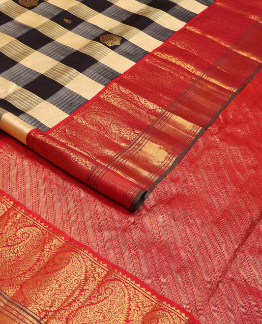 Multi-color checked and zari buttas Kanchipuram korvai silk saree, contrast neer korvai border of rekku, arumbu manga, banaras, poun, and kathir designs, and kathir pallu