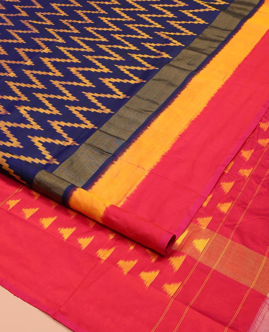 Blue Ikkat Silk Saree, Delicately Woven with Chevron Designs All Over Its Body, Complemented by a Contrast Border, Pallu Steeped with Temple Designs, and Paired with a Contrast Blouse