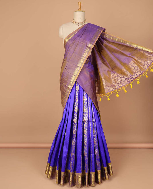Blue floral design pure silk half saree with contrast zari border,  contrast zari design blouse & plain with zari border dhavani
