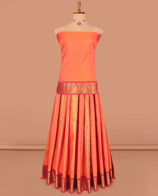 Orange Art Silk Pavadai Material Set, Finely Crafted with Zari Designs on Its Skirt, Complemented by a Contrast Traditional Zari Border, and a Matching Blouse