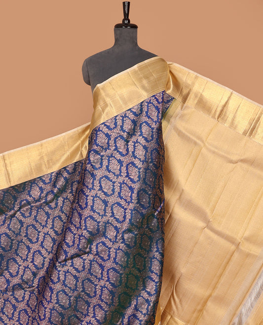 Blue jacquard silk saree, contrast border of thilakam mokku,muthu,kathir & kuyil kann design & jaal pallu