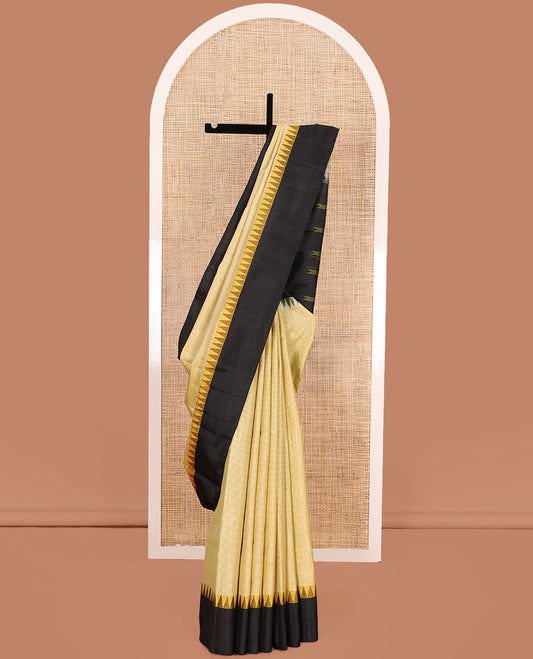 Yellow micro-checked Kanchipuram silk saree, contrast thazampoo rekku border, and striped pallu