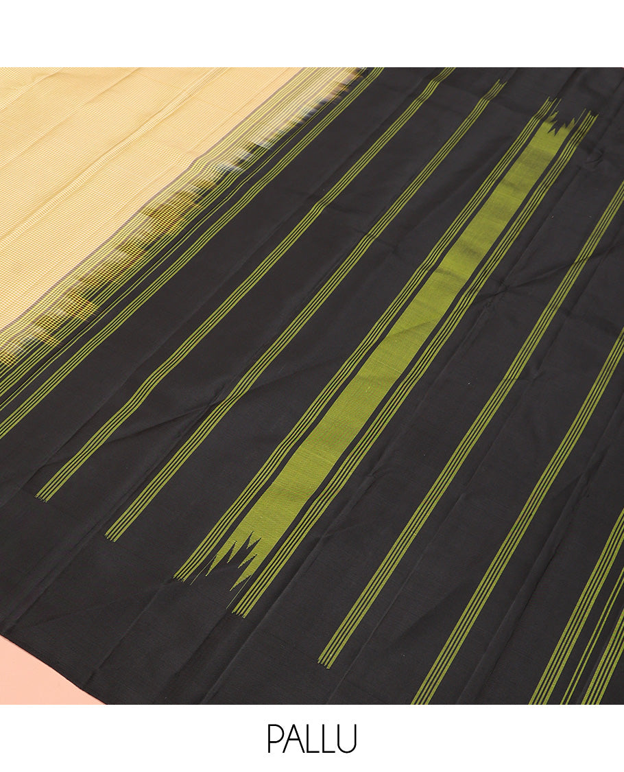 Yellow micro-checked Kanchipuram silk saree, contrast thazampoo rekku border, and striped pallu