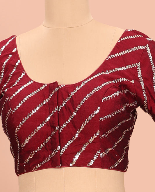 Maroon diagonal leaf vine sequins embroidered round neck with elbow sleeve blouse