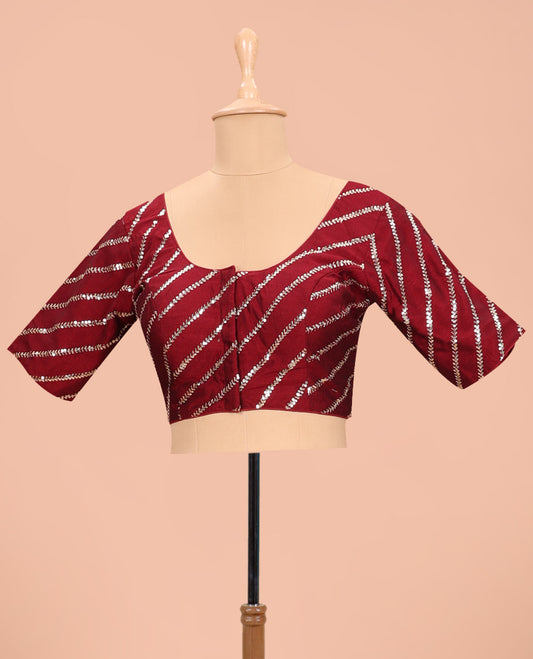 Maroon diagonal leaf vine sequins embroidered round neck with elbow sleeve blouse