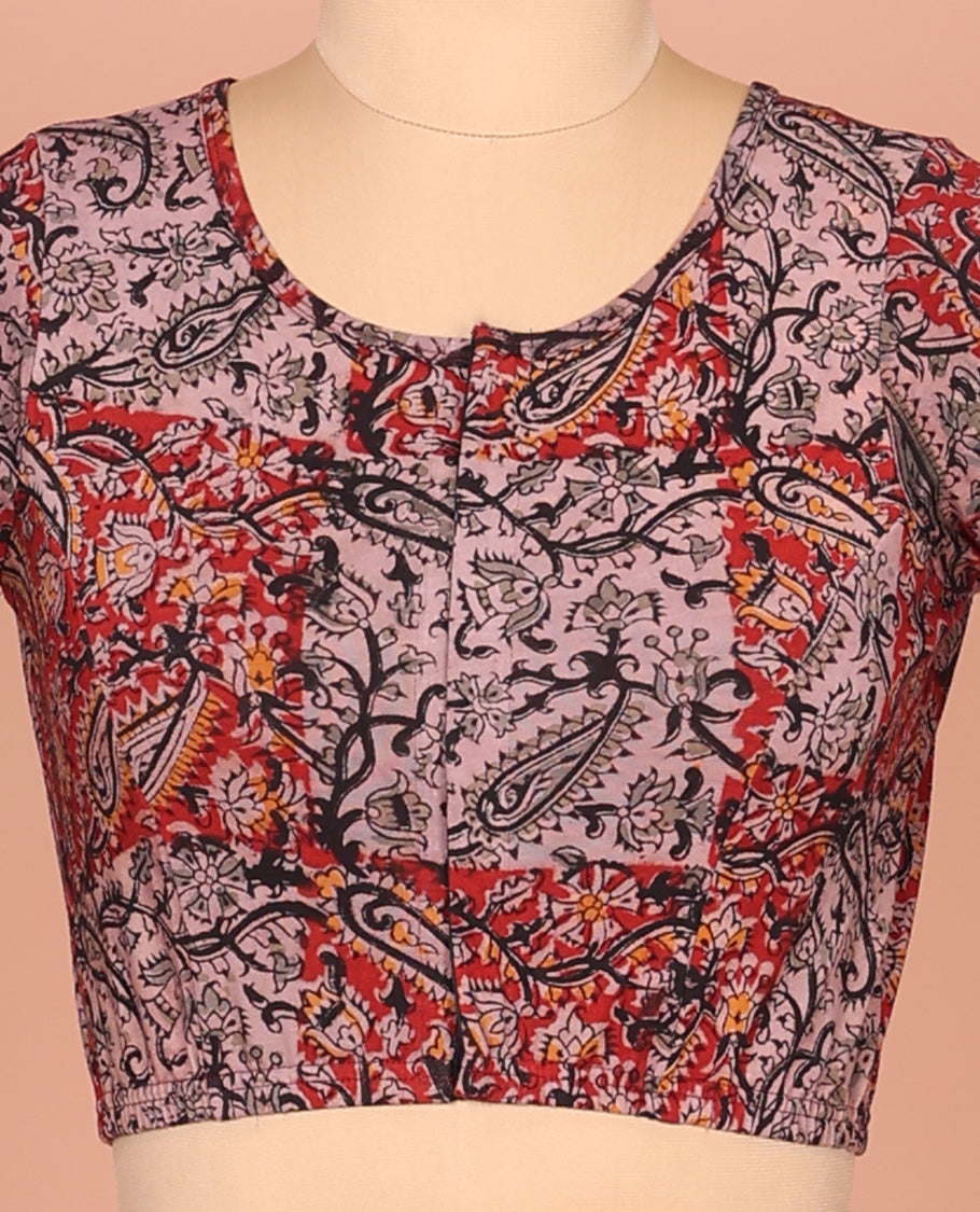 Pale Purple and Red Cotton Readymade Blouse Accentuated with All-Over Paisley and Floral Vine Print, Featuring a Front Round-Neck, a Closed Back Neck, and Elbow Sleeves