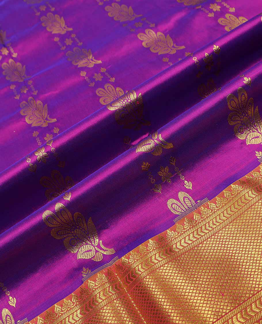 Purple pure silk half saree, zari design skirt, contrast border and blouse of kathir, kuyil kann, rettai manga and mayil designs, and floral jaal dhavani