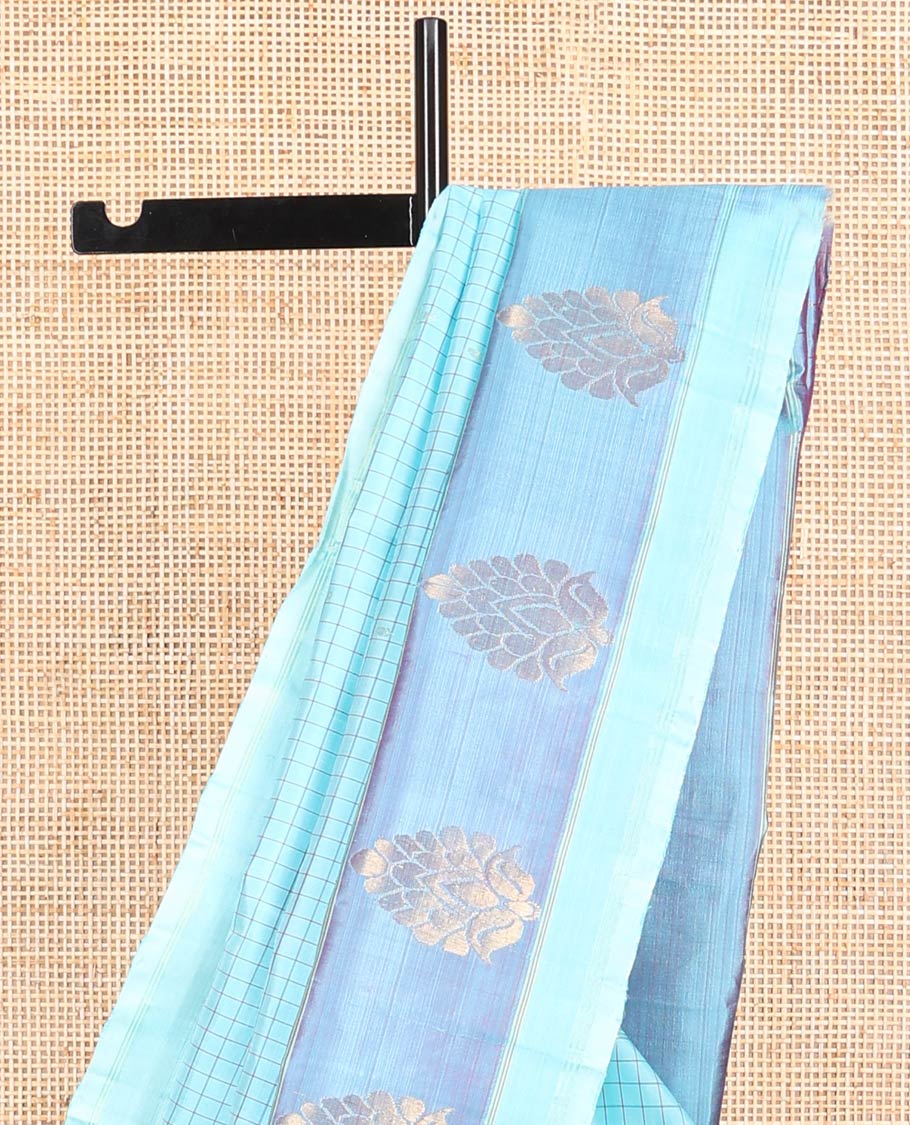 Light blue checked kancheepuram silk saree with contrast floral zari design border & floral design pallu