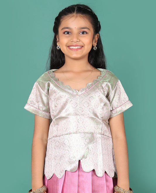 Pink readymade art silk pavadai, traditional zari big border skirt, & contrast jacquard scallop neck & short sleeve blouse