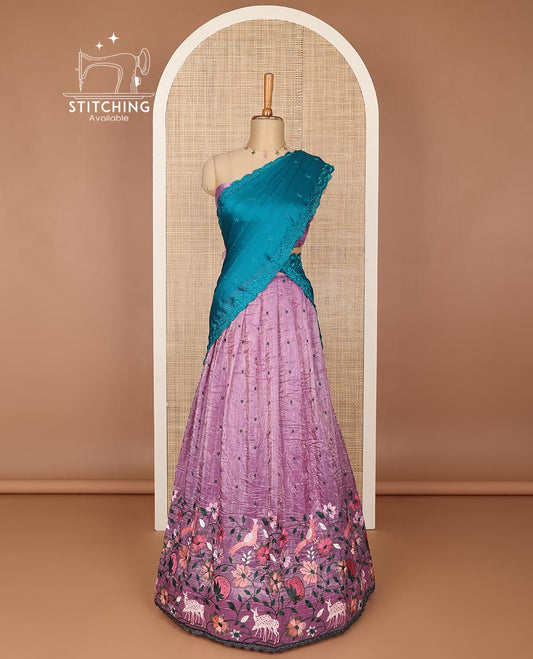 Purple embroidery half saree with self floral, animal embroidery border, embroidered blouse & floral embroidery dhavani