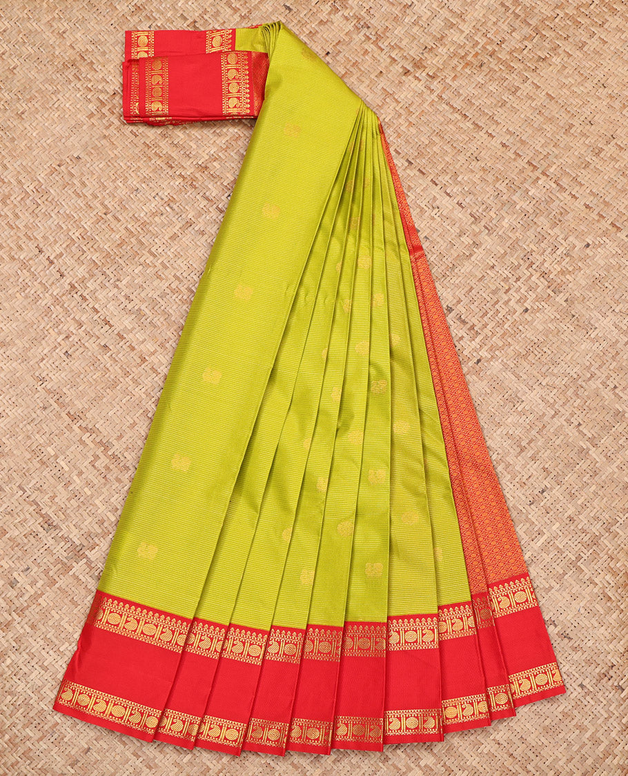 Green Budget Silk Saree, Sparsely Sparkled with Zari Buttas and Stripes, Complemented by a Contrast Traditional Zari Rettai Pettu Border, Grand Jaal Pallu, and a Contrast Blouse
