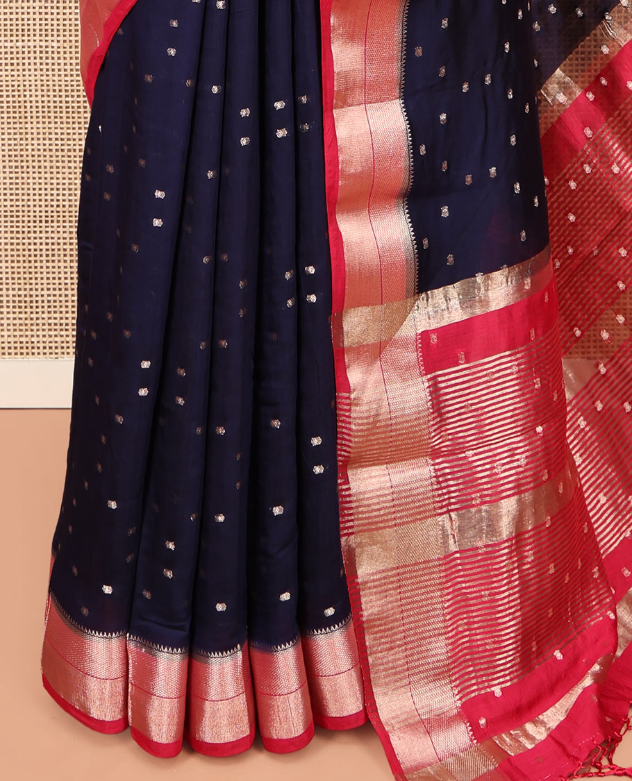 Blue Assam Silk Saree, Steeped in Richness of Zari Buttas, Complemented by a Contrast Traditional Zari Border, Zari-Striped Pallu, and a Contrast Blouse