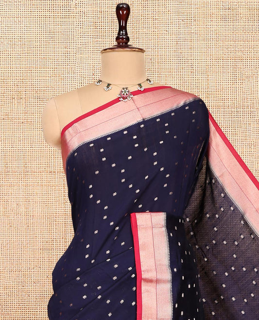 Blue Assam Silk Saree, Steeped in Richness of Zari Buttas, Complemented by a Contrast Traditional Zari Border, Zari-Striped Pallu, and a Contrast Blouse