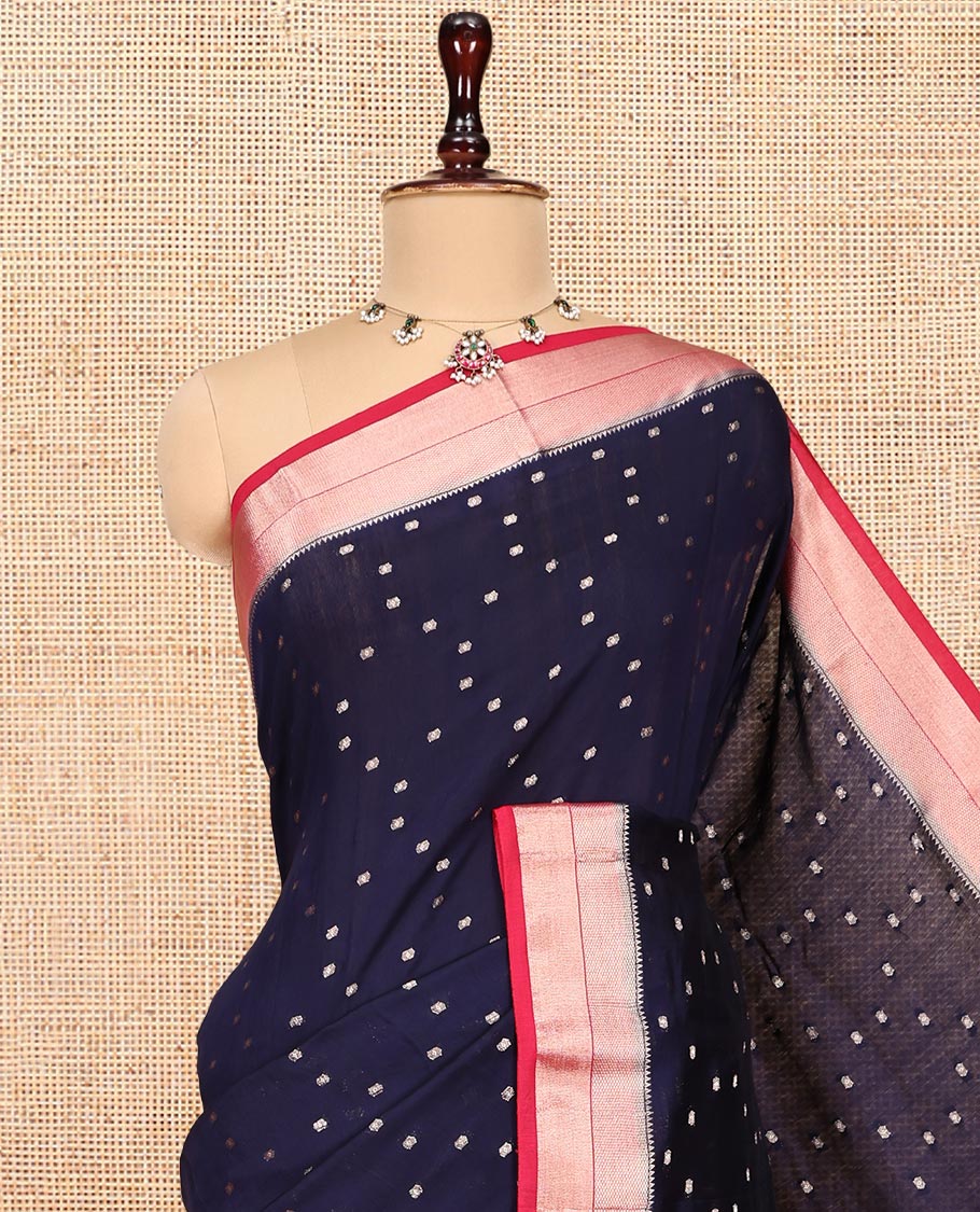 Blue Assam Silk Saree, Steeped in Richness of Zari Buttas, Complemented by a Contrast Traditional Zari Border, Zari-Striped Pallu, and a Contrast Blouse