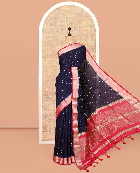 Blue Assam Silk Saree, Steeped in Richness of Zari Buttas, Complemented by a Contrast Traditional Zari Border, Zari-Striped Pallu, and a Contrast Blouse