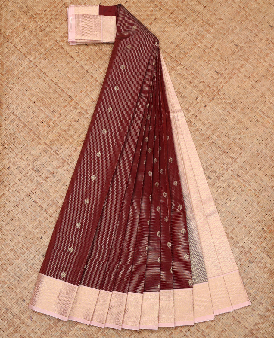 Maroon Budget Silk Saree, Detailed with Zari Buttas and Stripes, a Contrast Traditional Zari Border, Grand Pallu, and a Contrast Blouse