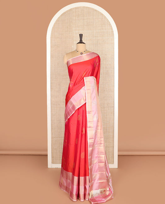 Red zari buttas budget silk saree, contrast varisai pettu traditional zari border, and pallu of intricate designs