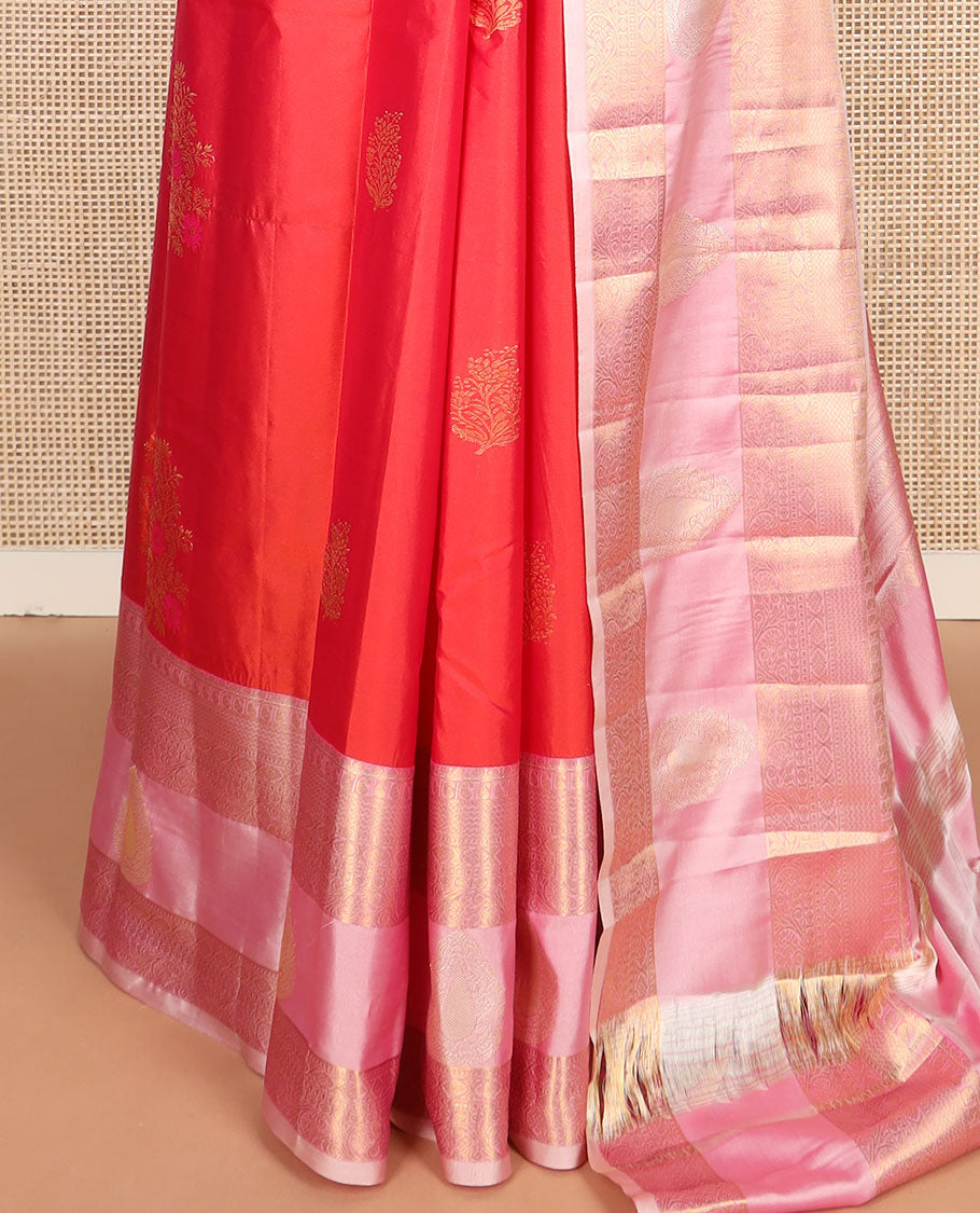 Red zari buttas budget silk saree, contrast varisai pettu traditional zari border, and pallu of intricate designs