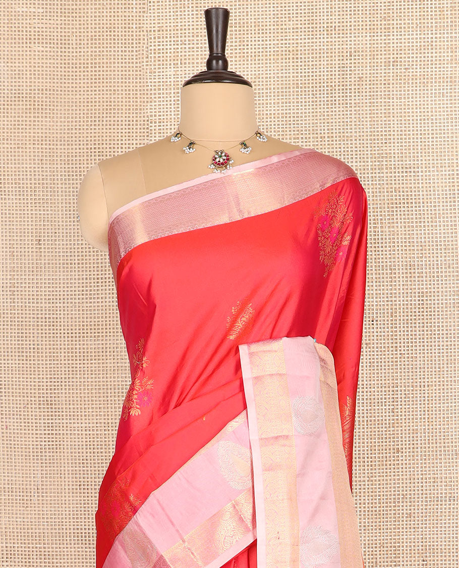Red zari buttas budget silk saree, contrast varisai pettu traditional zari border, and pallu of intricate designs