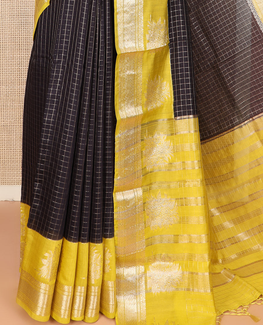 Black Assam Silk Saree Subtly Sparkled with Zari Checks, Complemented by Contrast Traditional Zari Border of Floral Designs, a Captivating Pallu of Zari Stripes, and Paired with a Contrast Blouse
