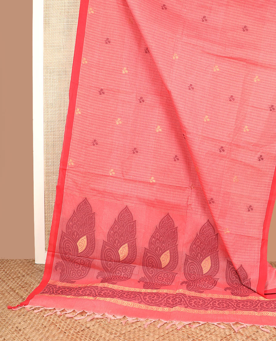 Pink striped and leaf motifs coimbatore cotton saree, contrast plain border and of intricate motifs
