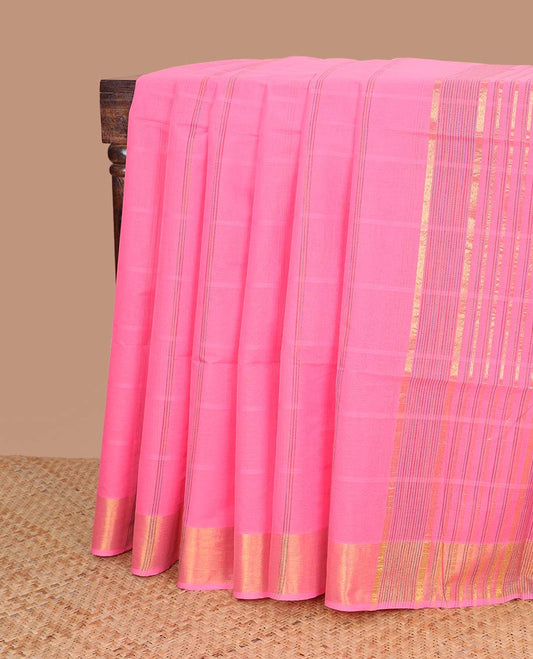 Pink checked jute cotton saree with self zari design border & striped pallu