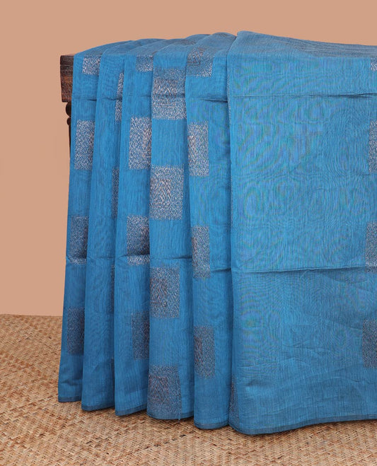Borderless blue geometric design semi silk saree with floral jaal design pallu
