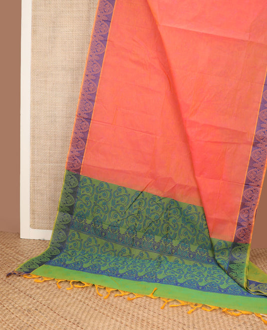 Orange Coimbatore cotton saree, contrast intricate motif border & contrast floral-theme pallu