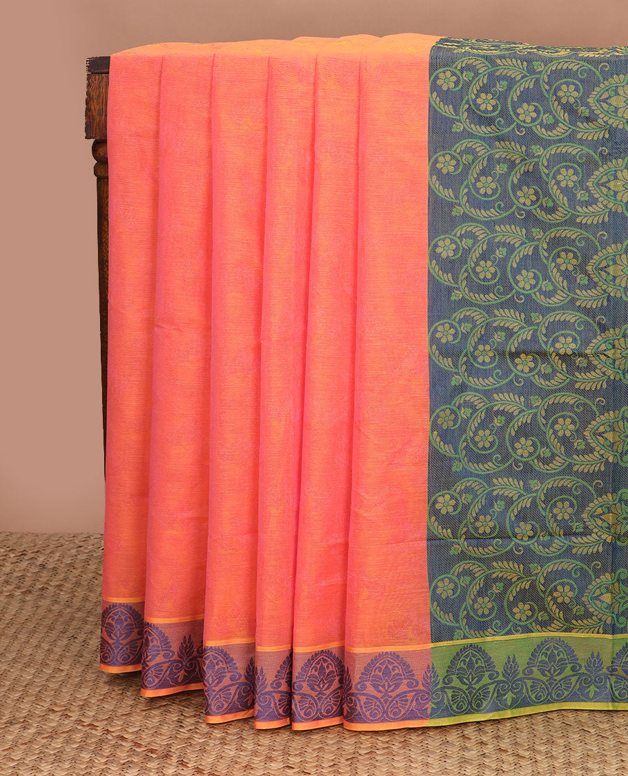 Orange Coimbatore cotton saree, contrast intricate motif border & contrast floral-theme pallu