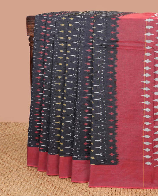 Black geometric design ikkat cotton saree with contrast border & geometric design pallu