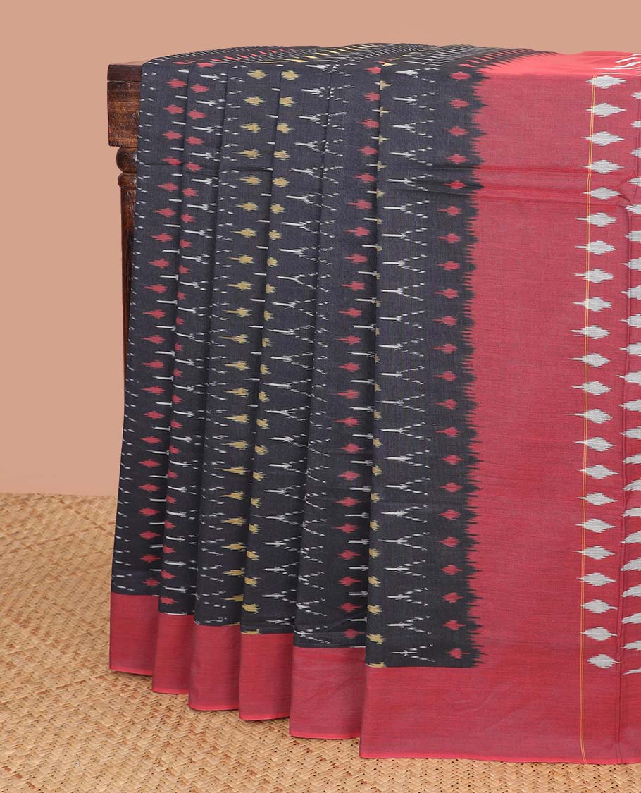 Black geometric design ikkat cotton saree with contrast border & geometric design pallu