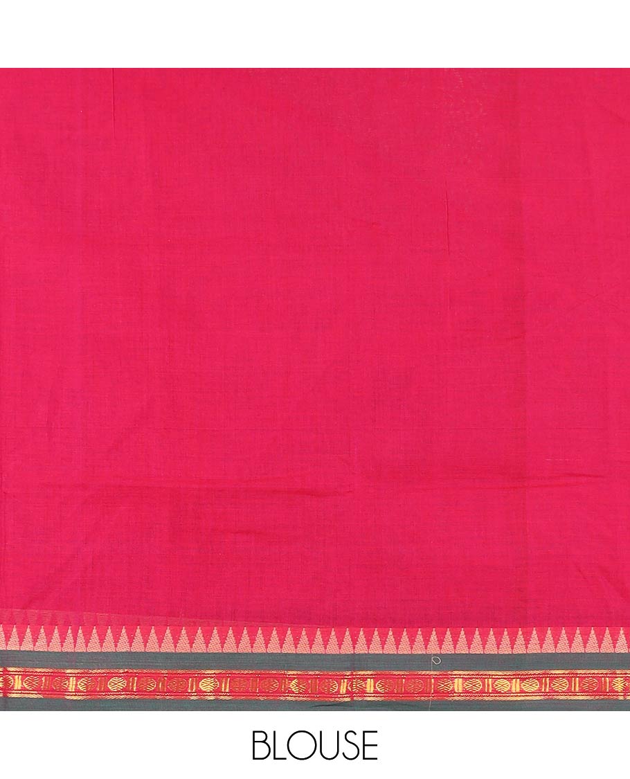 Red plain Narayanpet cotton saree, contrast temple rudraksham border, and striped pallu
