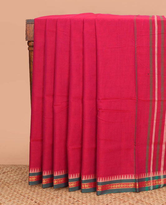 Red plain Narayanpet cotton saree, contrast temple rudraksham border, and striped pallu