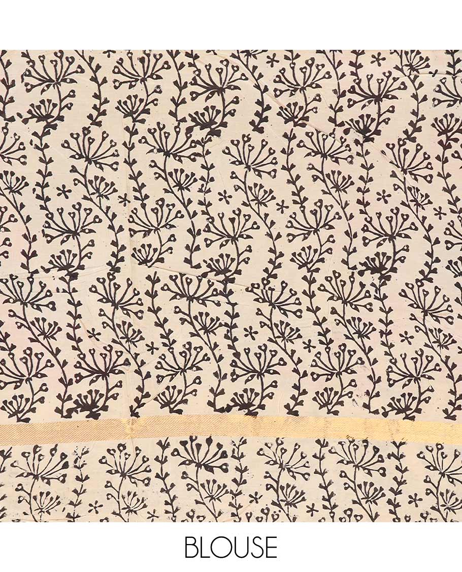 Sandal-base flora-fauna and Radha krishna motifs machine-printed Kalamkari cotton saree, floral vine printed zari border, and contrast kalamkari peacock printed pallu