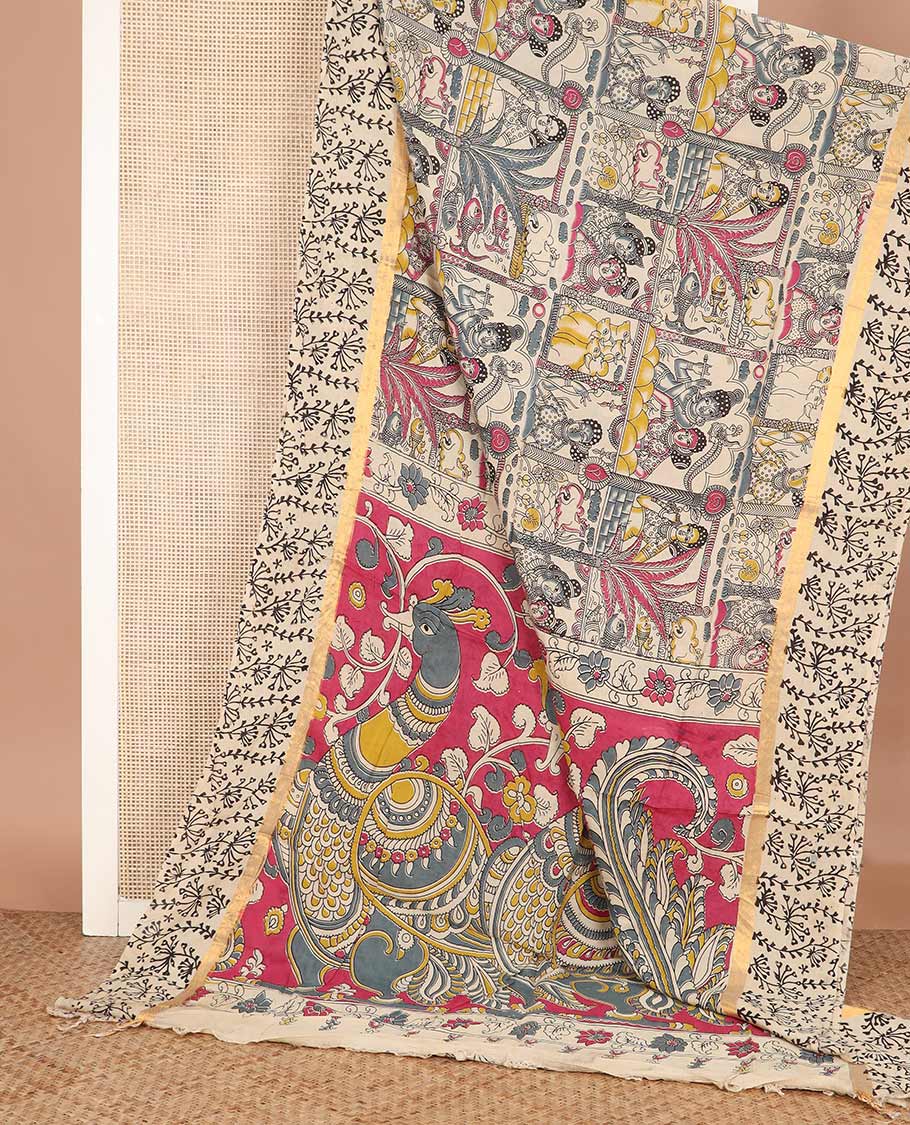 Sandal-base flora-fauna and Radha krishna motifs machine-printed Kalamkari cotton saree, floral vine printed zari border, and contrast kalamkari peacock printed pallu