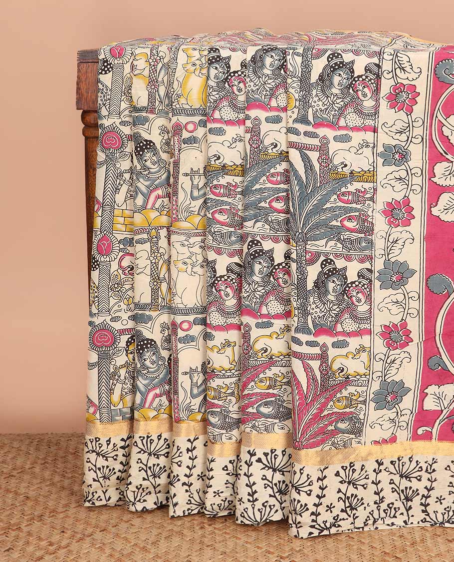 Sandal-base flora-fauna and Radha krishna motifs machine-printed Kalamkari cotton saree, floral vine printed zari border, and contrast kalamkari peacock printed pallu
