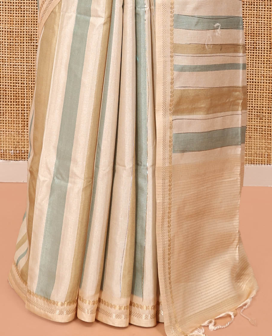 Chikku-Mustard Fancy Tussar Silk With Stripes, Zari Border, Pallu, and Blouse