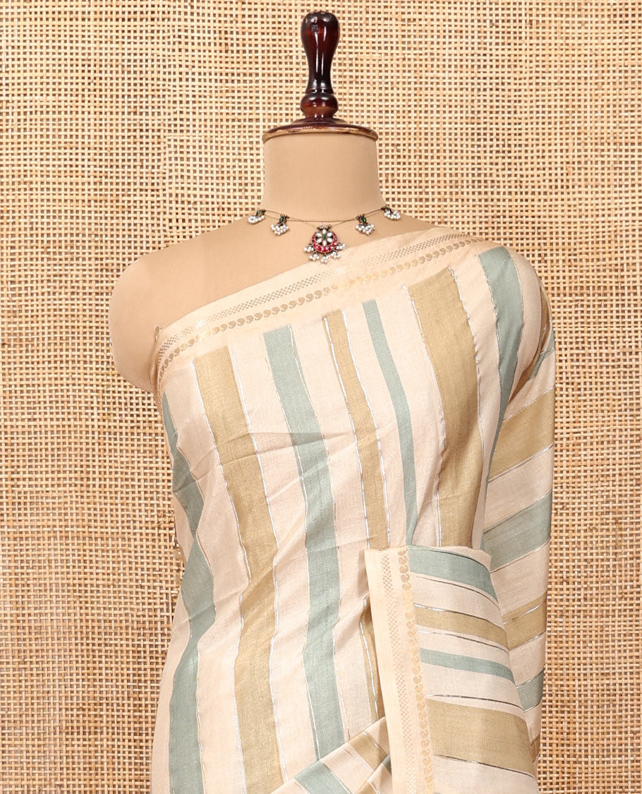 Chikku-Mustard Fancy Tussar Silk With Stripes, Zari Border, Pallu, and Blouse