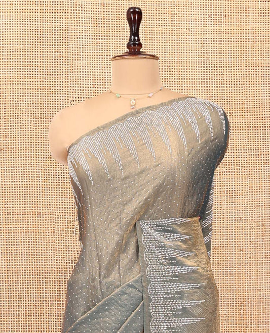 Grey Designer Saree, Steeped with Gleaming Stone Work All Over Its Body, Temple Stone Embroidered Border and Paired with a Matching Blouse