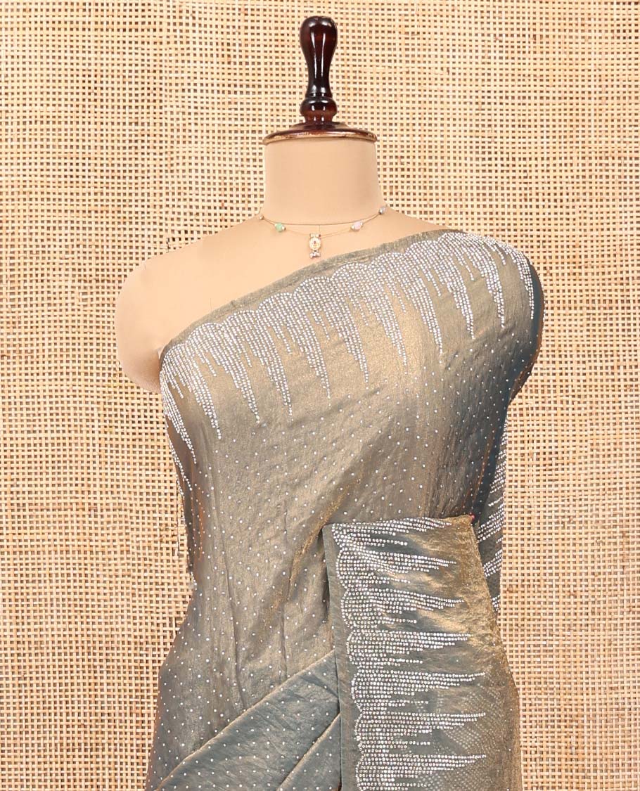 Grey Designer Saree, Steeped with Gleaming Stone Work All Over Its Body, Temple Stone Embroidered Border and Paired with a Matching Blouse