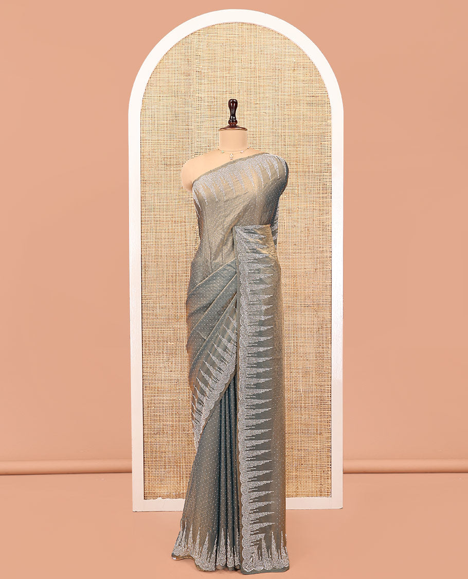 Grey Designer Saree, Steeped with Gleaming Stone Work All Over Its Body, Temple Stone Embroidered Border and Paired with a Matching Blouse